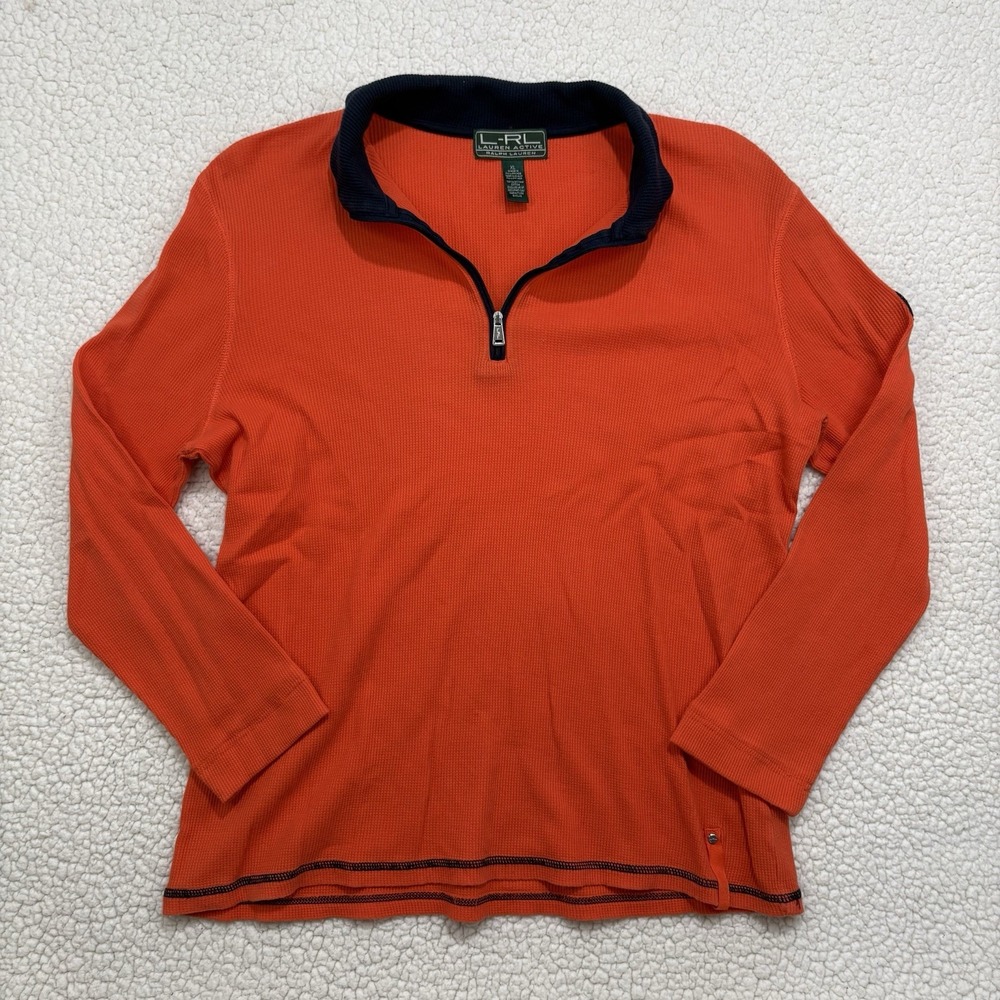 LRL Ralph Lauren Active 1/4 Zip Womens XL Thermal Waffle Knit Pullover Orange